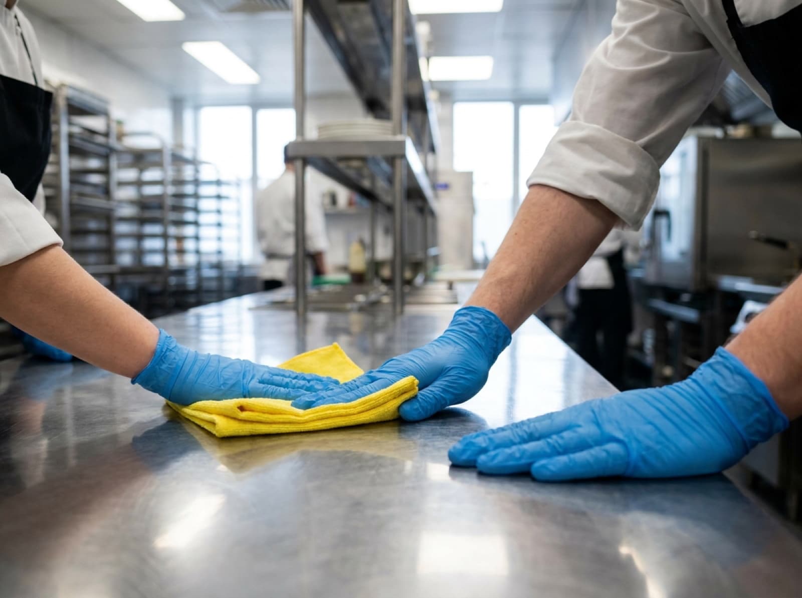 Nettoyage d'une cuisine commerciale en acier inoxydable dans un restaurant à Montréal